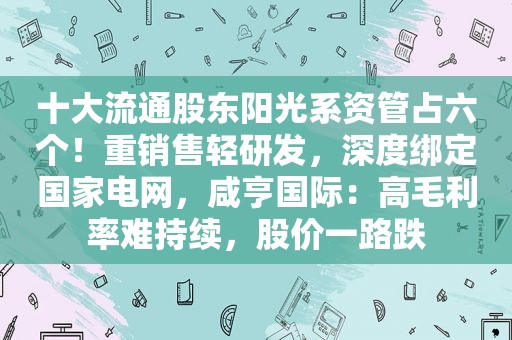 十大流通股东阳光系资管占六个！重销售轻研发，深度绑定国家电网，咸亨国际：高毛利率难持续，股价一路跌