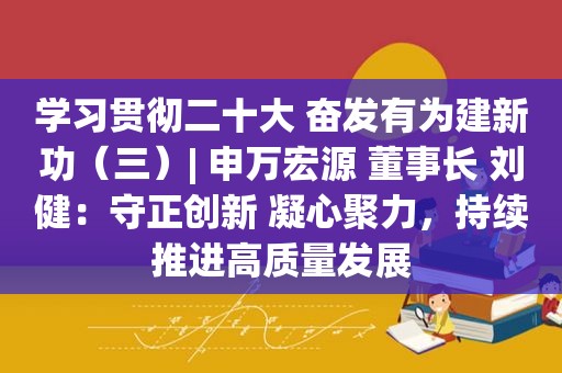学习贯彻二十大 奋发有为建新功（三）| 申万宏源 董事长 刘健：守正创新 凝心聚力，持续推进高质量发展